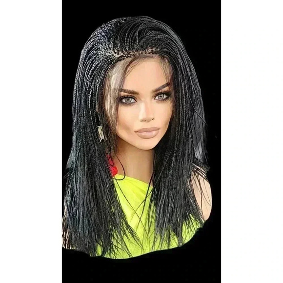 Micro Braids Lace Closure Wig in Jet Black Handcrafted, Lightweight. Yassine. - Picture 7 of 15